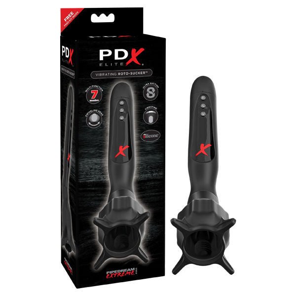 Front view of the PDX Elite Vibrating Roto-Sucker male masturbator displayed upright next to its retail packaging on a clean white background. The device’s sleek design and buttons are clearly visible. | Flirty Bay adult store Perth